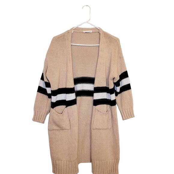 Goodnight Macaroon womens tan striped oversized preppy cardigan sweater size L - Picture 1 of 7